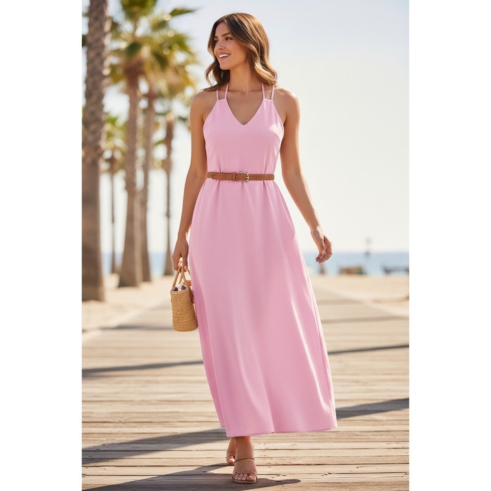 Universal Thread Pink Linen Blend Midi Dress S Smocked Coastal Halter V-Neck